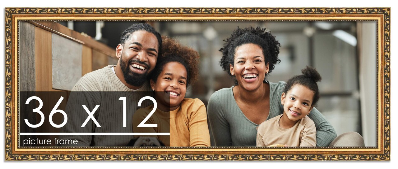 36x12 Solid Wood Antique Picture Frame with UV-Resistant Acrylic & Acid-Free Backing, Available in 4 Finishes: Bronze, Gold, Silver, and Gold with Black